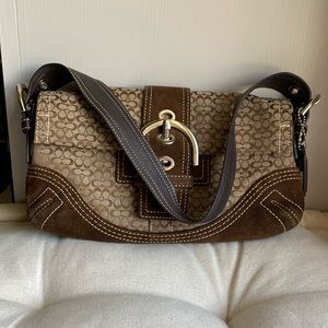 Coach Suede Logo Handbag with Silver buckle and topstitching